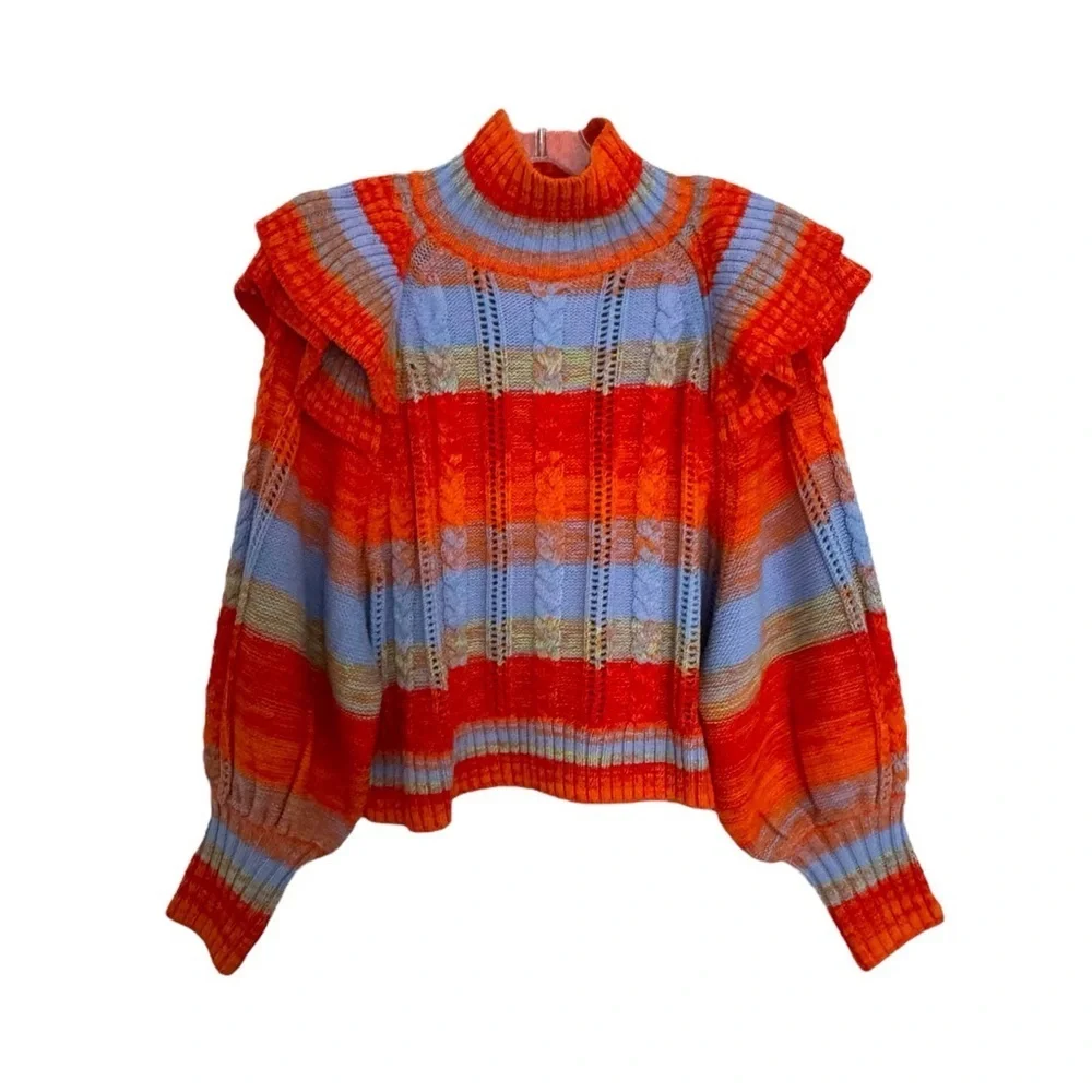 Colorful Ruffle-Shoulder Cropped Sweater - Orange/Blue - Picture 3 of 7